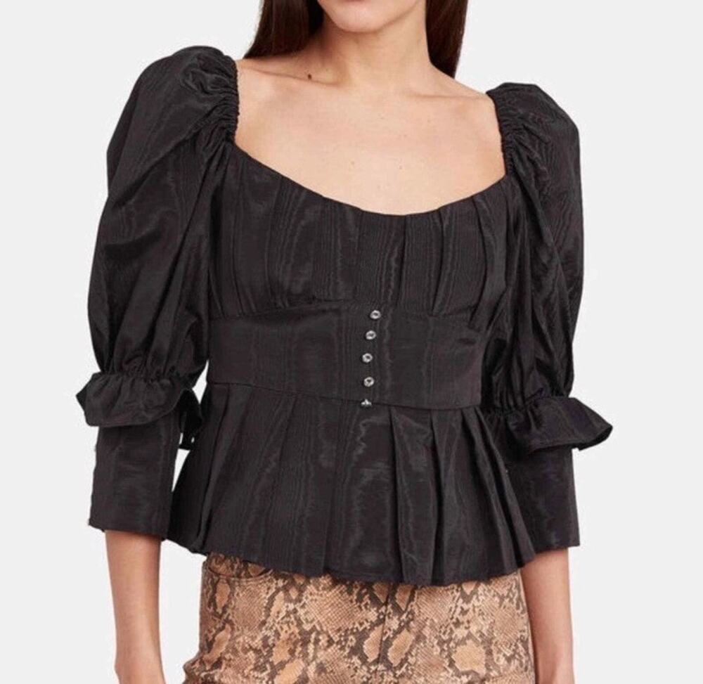 For Love & Lemons Bijoux Moire Puff Shoulder Top XS Black Peplum Blouse